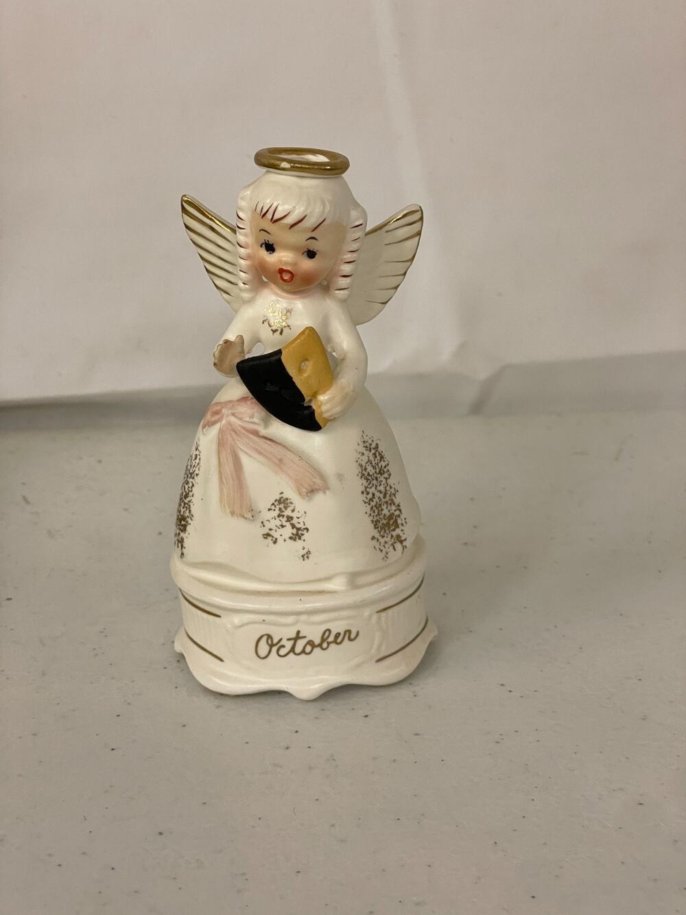 VTG Napco Ceramic October Angel Figurine Mask Spagetti Trim Gold Accents A4588